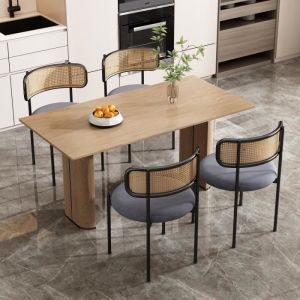 Modernluxe - Lot de chaises avec pieds en m&eacute;tal - dossier en rotin - coussin en velours - gris - 4 pi&egrave;ces