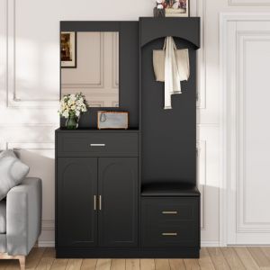 Ensemble vestiaire d'entrée 110x33x185,5 cm - 3 portes et 1 tiroir - Meuble à chaussures et banc à chaussures - Avec miroir - Noir