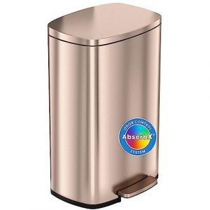 Image de ITouchless PresseDouce Poubelle de cuisine 49 litres avec filtre anti-odeurs, en acier inoxydable or rose pour la maison, le bureau, les affaires, couvercle silencieux et doux s'ouvre et se ferme