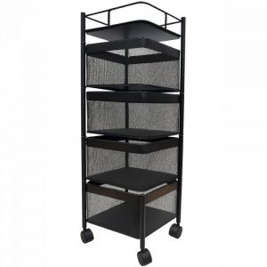 Resserre Métallique Carrée 4 Niveaux à Roulettes  Noir  Rangement Cuisine/Bureau/Salle de Bain  28 x 28 x H 75 cm
