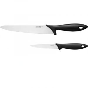Fiskars Ensemble de Couteaux, 2 pièces, Couteau de Cuisine (longueur de lame : 21 cm) et Couteau à Légumes (longueur de lame : 11 cm), Essential, inox / plastique PP, Noir, Essential, 1065582