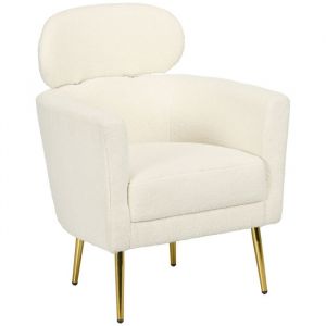 Homcom Fauteuil salon - appuie-tête amovible - tissu en peluche teddy, pieds en métal - 71 x 65 x 90 cm - crème