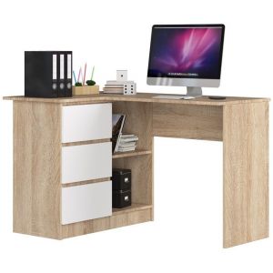 Bureau Akord d'angle Ch&ecirc;ne Sonoma 124 cm 3 tiroirs fa&ccedil;ade Blanche 2 &eacute;tag&egrave;res 124x85x77 cm