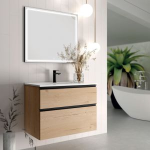 Meuble de salle de bain simple vasque - 2 tiroirs - crema et miroir Led veldi - 80cm
