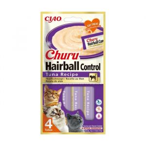 Churu Hairball Control Lot de 4 friandises pour Chat pour la prévention des Boules de Poils, favorise Une Digestion Saine, Thon (4 pièces x 14 g)