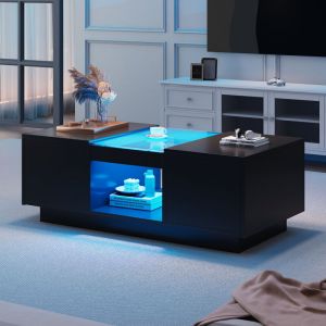 Wishdor - Table basse noire rectanculaire avec led et 2 tiroirs, panneaux en verre, 100 x 50 x 35,5 cm
