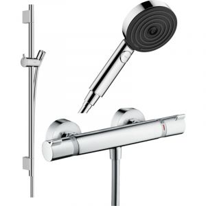 Hansgrohe Pack mitigeur douche thermostatique Ecostat Comfort + Barre Unica + flexible + Pommeau Pulsify Select 3 jets chrom&eacute;