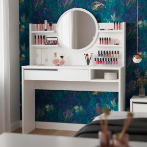 Coiffeuse à tiroir avec étagères et miroir rond Onara Blanc