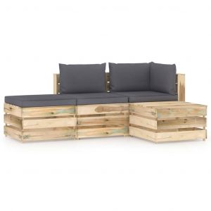 VidaXL Salon de jardin 4 pcs avec coussins Bois impr&eacute;gn&eacute; de vert