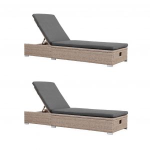 Image de 2 bains de soleil r&eacute;sine tress&eacute;e, coussins gris