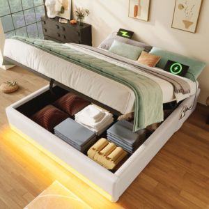 Lit coffre, 140x200 cm, lit adulte double avec &eacute;clairage led, prise usb et Type-C, tissu en lin beige, sans matelas