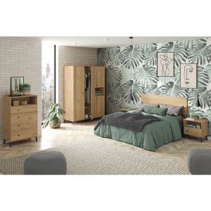 Image de Pegane Ensemble chambre à coucher complète adulte coloris chêne doré (armoire + commode rangement + 2 chevets + Tête de lit )