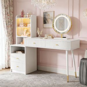 POCKETPOP Coiffeuse avec miroir LED tricolore, quatre tiroirs, 1 armoire &eacute;clair&eacute;e avec porte en verre, 100 &times; 40 x 125 cm, Blanc