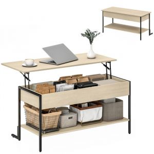 Homcom Table basse relevable style industriel - étagère - plateau relevable H.46-59 cm - métal noir effet bois clair