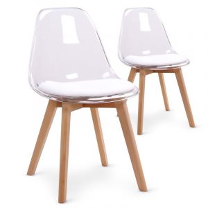 Declikdeco Lot de 2 chaises scandinaves transparentes et coussin blanc LASSO