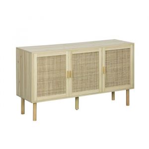 Buffet 3 portes et 3 étagères cannage et effet bois. Piètement et poignées en bois de sapin. L 120 x P 39 x H 70cm CAMARGUE