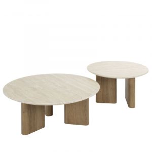 TIANA ROND - Lot de 2 tables basses rondes en c&eacute;ramique beige pieds couleur ch&ecirc;ne