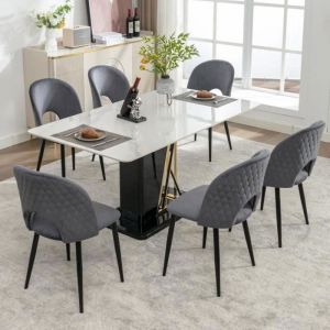 Lot de 6 Chaise de salle à manger en velours gris - Chaise salle a manger - Motif losange au dos - Pieds réglables