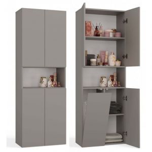 GLAZE - Armoire de salle de bain avec panier &agrave; ligne - Style moderne - 174x60x30 cm - Colonne sdb - Gris