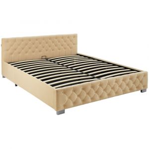 TecTake Lit capitonné avec bandes LED et espace de rangement 180x200 beige