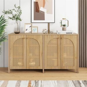 Buffet avec 4 portes en rotin 145x80x40cm - style minimaliste - poignée en métal - pour salle à manger, salon, cuisine - naturel