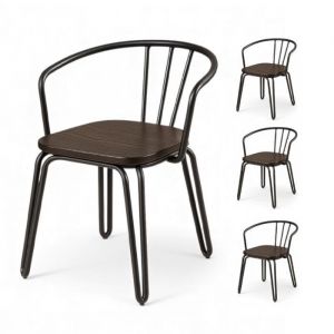 Lot de 4 chaises en m&eacute;tal noir mat bois fonc&eacute; &ndash; pieds &eacute;pingle et dossier ajour&eacute; - Style industriel