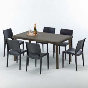 Grand Soleil Table rectangulaire 6 chaises Poly rotin resine 150x90 marron | Paris Noir anthracite