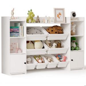 Meuble de Rangement pour Jouets Bealife pour Enfants avec 2 Portes 7 &Eacute;tag&egrave;res 8 Compartiments pour Chambre Salon Blanc 140,6 x 30 x 90 cm