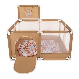 Image de Parc Bébé Avec 200 Balles Plastiques Aire De Jeu Pliable Basket, Beige : Beige Pastel/Bleu Pastel/Saumon - beige : beige pastel/bleu pastel/saumon