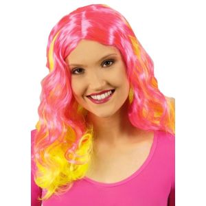 Ruedelafete Perruque Jade cheveux longs, Fuchsia fluo et jaune