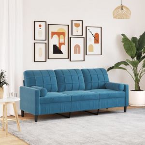 VidaXL Canapé 3 places avec oreillers décoratifs bleu 180 cm velours, canapé, canapé de salon, canapé 3 places en velours, canapé rembourré