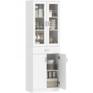 Homcom Buffet haut cuisine - 4 portes dont 2 en verre, tiroirs, &eacute;tag&egrave;res r&eacute;glables - panneau de particules - 60x35x180cm - blanc