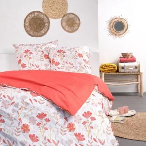 Today Parure De Lit Double Réversible "Sunshine" En Coton Imprimé De Fleurs - Rouge Corail/Blanc - 240 X 260 Cm