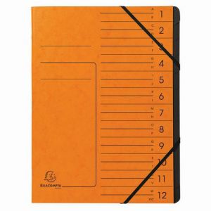 Exacompta Réf. 541204E - Carton de 10 trieurs dos agrafé - avec élastiques - couverture imprimée en carte lustrée et intérieur en carte recyclée noire - 12 compartiments - 24,5x 32 cm - A4 - orange