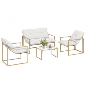 Image de Outsunny Salon de jardin ext&eacute;rieur - 4 pi&egrave;ces, coussins ultra-&eacute;pais 15cm - canap&eacute; 2 places avec table basse et 2 fauteuils - kaki