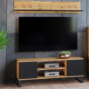 Armoire RTV Focus 155 cm - pieds en m&eacute;tal Ch&ecirc;ne artisanal noir