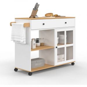 Idmarket Desserte de cuisine ACHILLE XXL avec étagère et placard vitré bois et blanc L.100 CM