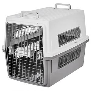 Iris Ohyama Caisse, Cage, Box de transport pour Chien, Chat, 2 Portes, Clips, et Loquet de Sécurité, Plastique(PP) sans BPA, L87 x P62 x H63.5 cm, Train, Voiture et Avion, ATC-870, Gris
