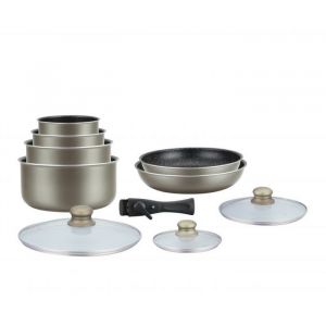 Herzberg Batterie de cuisine - lot de casserole induction - set casserole et poele tous feux - set de cuisine en rev&ecirc;tement pierre avec manche amovible 10 pieces HG-5000 Carbon