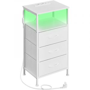 Songmics Table de Chevet avec &Eacute;clairage LED et Multiprise, 3 Tiroirs et 1 Compartiment Ouvert, Blanc
