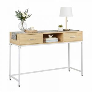 Relaxdays Console HxLxP 80x120x40 cm, 2 tiroirs, entr&eacute;e & salon, design scandinave, m&eacute;tal/MDF, blanc/naturel