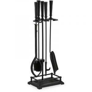 Relaxdays Serviteur pour cheminée, Lot de 5 pièces, tisonnier, Pelle, Balai, Pince & Support, Support Traditionnel, Noir