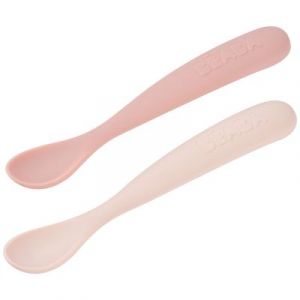 Beaba Lot de 2 Cuillères en Silicone Bébé/Enfant 1er Âge - Dès 4 mois, Souple - Bout arrondi - Manche long et Ergonomique, Boite de transport -Finition Anti Poussière - Barbe à papa/Guimauve