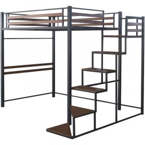 Habitat et Jardin Lit mezzanine en m&eacute;tal avec escalier 'lena' - 140 x 200 cm - Noir et marron noyer
