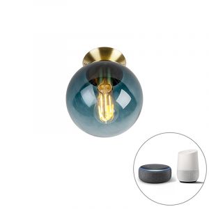 Qazqa Plafonnier intelligent en laiton avec verre bleu océan avec Wifi ST64 - Pallon