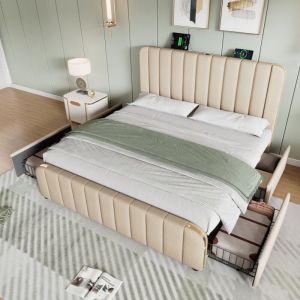 Wishdor - Lit avec tiroirs Lit adulte double 140 x 200 cm avec fonction de chargement usb Type-C et 4 tiroirs, en lin, beige, sans matelas
