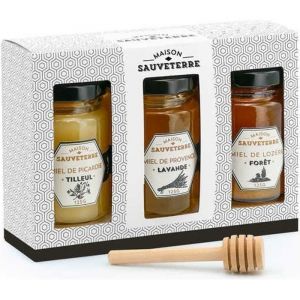 Coffret cadeau 3 miels et cuillère à miel - Coffret cadeau 3x125g