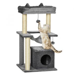 Image de Pawhut Arbre à chat - avec griffoirs lit niche hamac plateforme et 2 balles suspendues - tissu peluche - gris