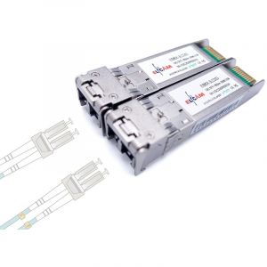 Elfcam - Lot de 2, 10Gb SFP+ Module de Transceiver à Fibre Optique, Connecteur LC/UPC DM (OM3 / OM4), 10GBase-SR SFP+, 850nm DDM 300M, Compatible avec Freebox Ultra