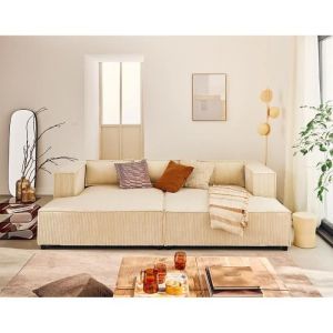 Stella - canapé droit 3 places avec double méridienne en velours côtelé - Beige
